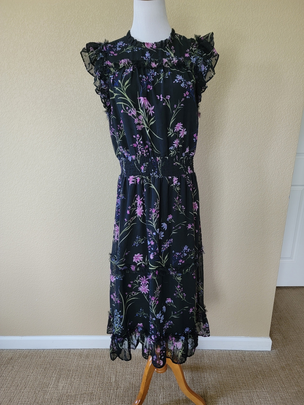 CeCe Black Floral Ruffle Midi Dress with Pink & Lavender Blooms, Size XL